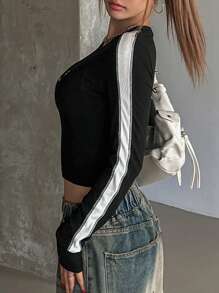 DAZY Women's Tight-Fitting Colorblock Letter Print Cropped Crew Neck T-Shirt,Fall Clothes Preppy Tops Long Sleeve Women Tops - Black - View 6