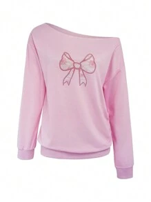 Jouncy Áo nỉ nữ kiểu dáng thường ngày, thêu nơ, thích hợp cho mùa xuân thu, lễ tốt nghiệp, giáo viên, áo chui đầu mùa thu cho năm học mới. - Hồng - Xem 4