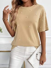 SHEIN LUNE 女士圆领短袖仿珍珠装饰休闲衬衫