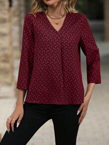 SHEIN Clasi 女士优雅 V 领几何印花卷袖秋季衬衫，夏季 - 酒紅色 - 查看 6