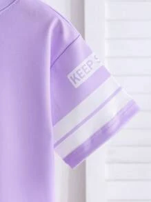 女婴休闲 V 领冰球服，透气字母印花运动服 - 紫色 - 查看 7