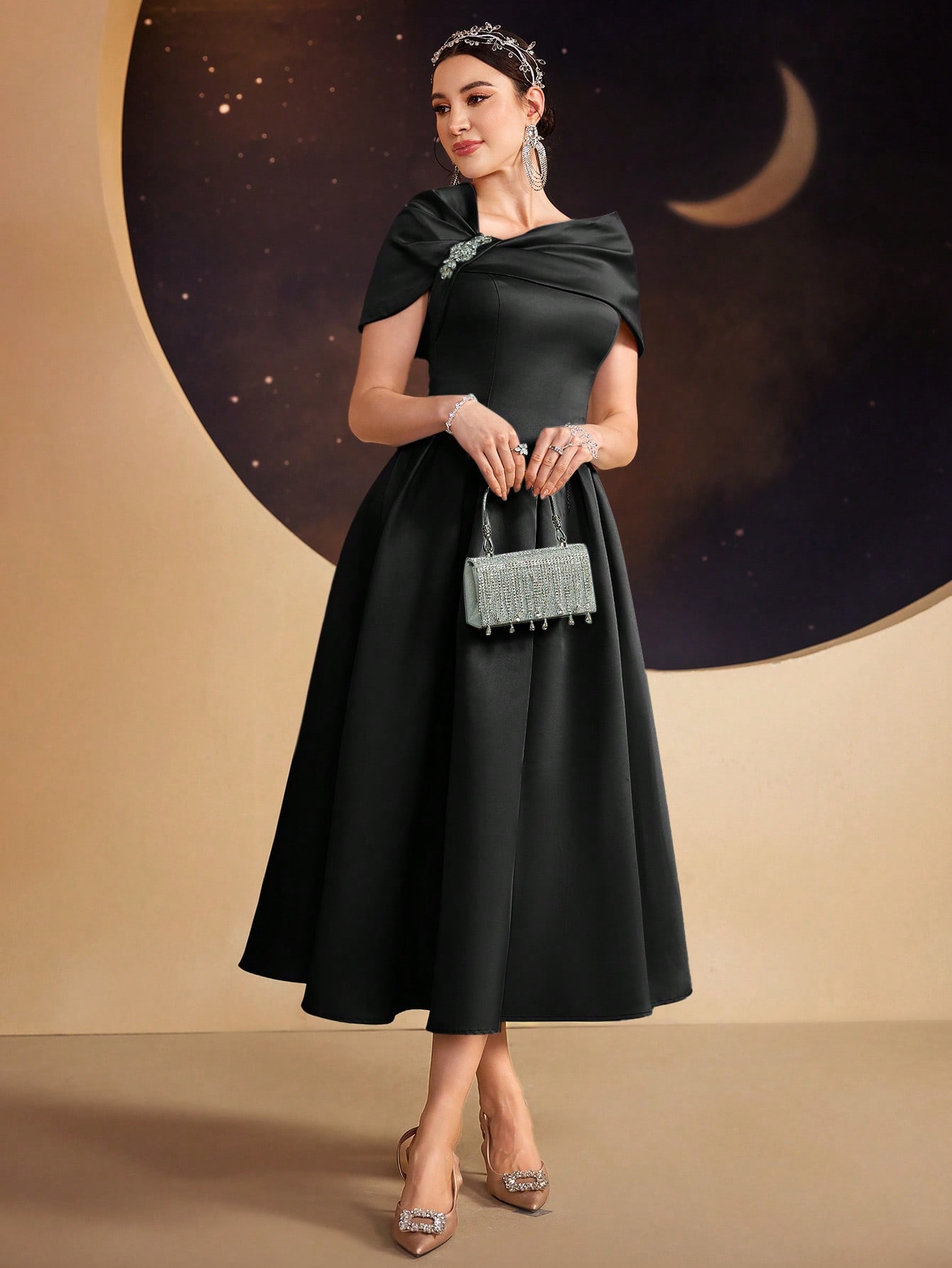 Modelyn فستان سهرة أنيق بطول كامل مع علامات الراين...