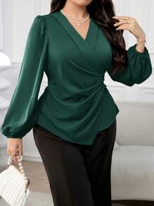 Modelyn Plus Size Women Spring Summer Solid V-Neck Lantern Sleeve Asymmetric Ruched Elegant Office Shirt - Dark Green - View 7