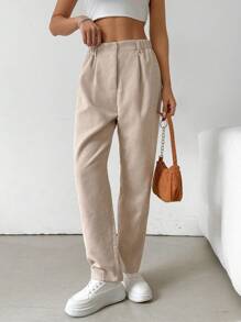SHEIN EZwear Quần bút chì nhung kẻ xếp ly đơn sắc thường ngày cho nữ - Màu Khaki - Xem 5