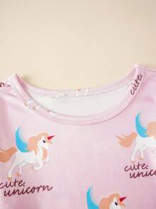 2pcs Young Girls Simple Pink Flying Horse Print Snug Fit Long Sleeve Top And Pants Homewear Set