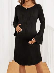 SHEIN Maternity Round Neck Long Sleeve Fashionable Fitted Gentle Solid Color Minimalist Dress - Black - View 1