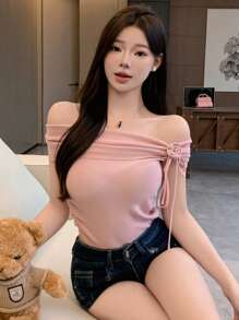 DAZY Women's Solid Color Elegant Off-Shoulder Knit Top - Pink - View 1