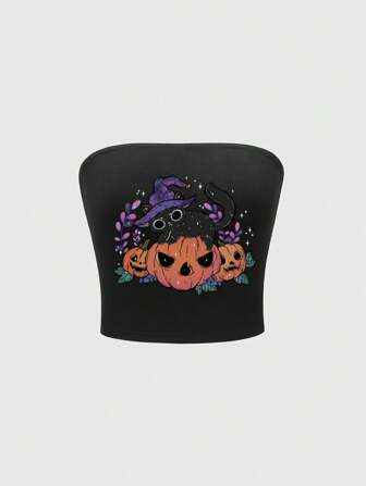 Women's Halloween Black Cat & Pumpkin Print Cropped Tube Top Clothes