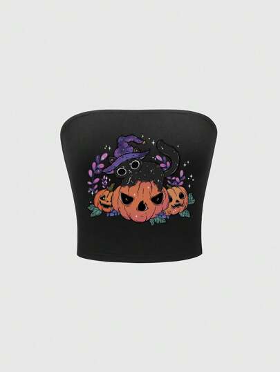 Ropa de top tubo corto con estampado de gato negro y calabaza para mujeres en Halloween