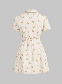 SHEIN MOD Plus Size Khaki Vintage Corduroy Cherry Pattern Print Lapel Collar Open Front Short Dress - Apricot - View 2