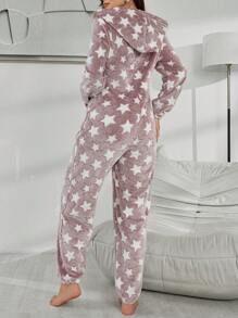 Women's Star Jacquard Fleece Hooded Fluffy Sleep Jumpsuit, Autumn/Winter, For Fall Winter, Cozy - Multicolor - View 3