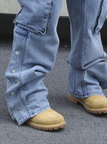 Manfinity EMRG 男式休闲直筒阔腿工装口袋宽松牛仔裤 - 淺色水洗藍 - 查看 7