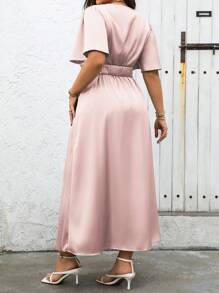 Celure Plus Size Women's Summer Solid Color Overlap V-Neck Ruffle Short Sleeve Side Split Hem Elegant Dress - Pink - View 2