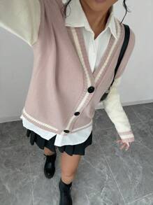 Chiquease Áo len cardigan dệt kim màu khối cổ chữ V thiết kế sọc thời trang dài tay phong cách đại học cho nữ - Màu Khaki - Xem 4