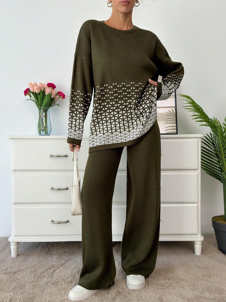 SHEIN Cottnline Woman Geometrical Jacquard Casual Warm Fall Winter Sweater Co-Ords - Dark Green - View 1