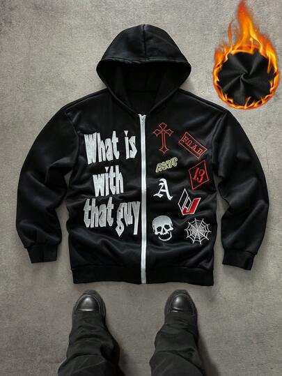 Manfinity EMRG Sudadera con capucha de manga larga con cremallera frontal, detalles de bordado de color contrastante, diseño sencillo, sudadera casual con cremallera para hombre