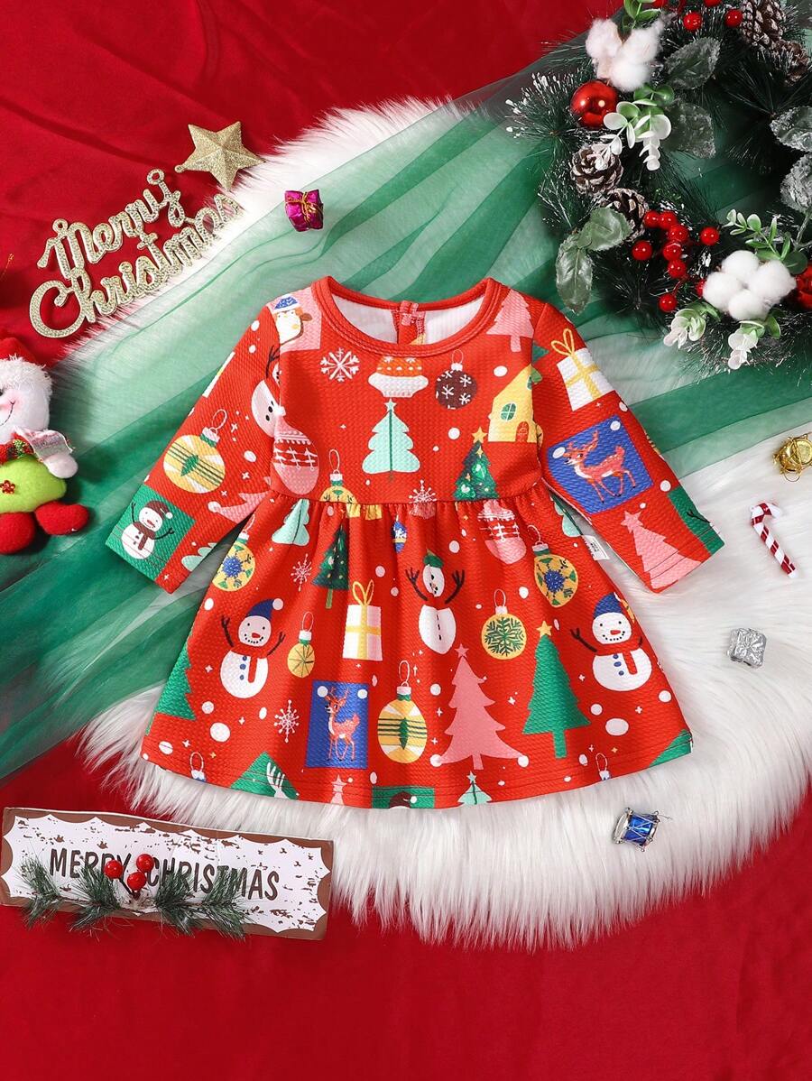 SHEIN Baby Mädchen rotes Lässig Weihnachtskleid mit Feiertagsprint, Herbst/Winter - Verschiedenfarbig - Übersicht 1