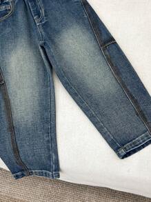 SHEIN YOUNG BOY 波西米亚风都市街头日常休闲风格复古水洗全松紧腰平口袋灯笼裤牛仔裤