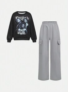 SHEIN 2 件套 Tween 女童时尚肖像图案运动衫和工装裤套装 - 黑色 - 查看 11