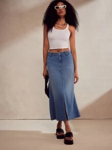 TrendSteals New Autumn/Winter Vintage Washed Denim A-Line Skirt With Front & Back Slit - Blue - View 8