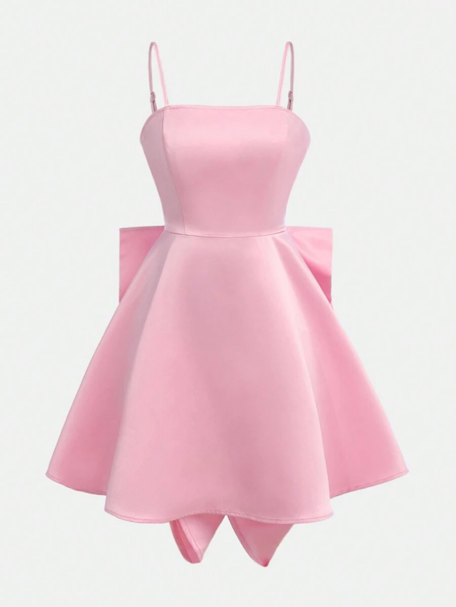 SHEIN Girlism Vestido casual de tirantes de satén tejido liso con gran lazo desmontable para niña adolescente - Rosado Sandía - Ver 1