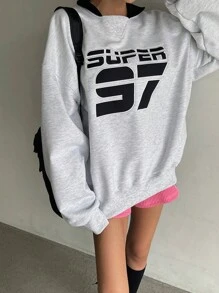 DAZY Sudadera holgada de mujer con cuello redondo y bordado de letras, ropa de otoño - Gris - Ver 5