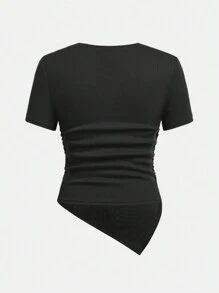 SHEIN Áo thun tay ngắn không đối xứng cạp chun đơn giản cho bé gái tuổi teen 2 chiếc - Màu Xám nhạt - Xem 7