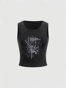 ROMWE Grunge Punk Damen Camisole Top Mit Eng Anliegendem Rippstrick Und Coolen Straßen-stil Spinnen- & Slogan Druck Im Schmutzigen Schnee-look