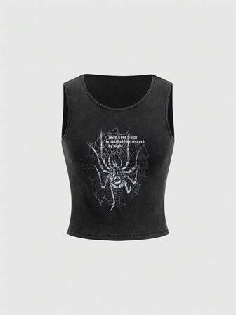 Grunge Punk Women's Cool Street Style Spider & Slogan Print Distressed Snow Wash Ribbed Tight Waist Camisole Top