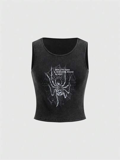 Grunge Punk Top Canottiera Stretto In Vita Con Stampa Ragnatela E Slogan Stile Strada Fresco Da Donna, Lavaggio A Neve Strappato E Costine