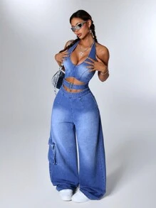 Jeanoix 女士夏季时尚镂空牛仔连体裤 - 藍色 - 查看 4