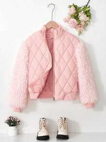 1pc Tween Girls Personalized Short Zip-Up Contrast Fluffy Sleeve Jacket - Pink - View 1
