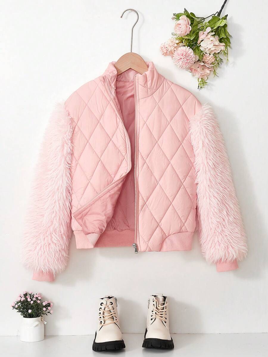 1pc Tween Girls Personalized Short Zip-Up Contrast Fluffy Sleeve Jacket - Pink - View 1