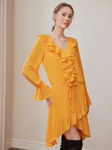 MOTF PREMIUM RUFFLE TRIM PLEATED FLOWY DRESS - Red - View 7