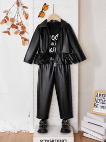 SHEIN 3pcs/Set Young Girl Long Sleeve Zipper Jacket, Letter Print T-Shirt, And Black Faux Leather Pants