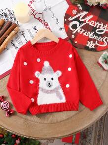 Đồ trang trí quả bóng bông Giáng sinh màu đỏ cho bé trai, Áo len chui đầu họa tiết gấu bông Jacquard, ấm áp và lễ hội cho mùa lễ - Đỏ - Xem 1