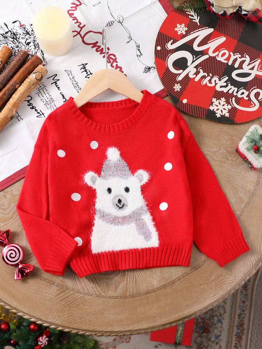 Đồ trang trí quả bóng bông Giáng sinh màu đỏ cho bé trai, Áo len chui đầu họa tiết gấu bông Jacquard, ấm áp và lễ hội cho mùa lễ - Đỏ - Xem 1
