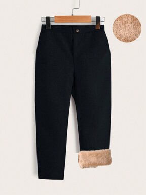 SHEIN بنطلونات مبطنة بالفليس للأولاد الصغار ذات قصة مستقيمة وبسيطة للمدرسة والحديقة وعيد الميلاد والخريف وعيد الهالوين والكريسماس وعيد الشكر وفصل الخريف والشتاء، بنطلونات شتوية مبطنة بالفليس للبنات