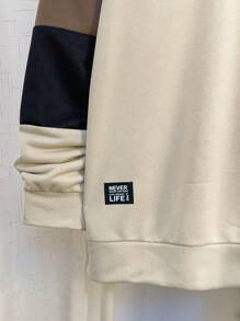 SHEIN 2pcs/Set Teen Boys Casual Patchwork Contrast Color Crew Neck Sweatshirt And Brown Drawstring Pants Set, Suitable For Autumn, Winter, School, Home, Daily, Sports, Birthday Party, Outing, All-Match Versatile Thermal Lined - Multicolor - View 5