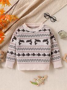 SHEIN Crew Neck Long Sleeve Fair Isle Pattern Sweater, Beige Crew Neck Long Sleeve Pullover - Apricot - View 1