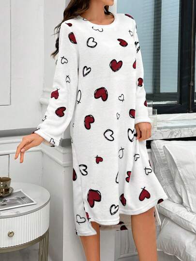 Flannel Heart Print Oversized Long Sleeve Sleep Dress, Fall Fluffy, Cozy view 3