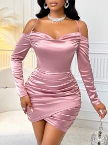 VaVaBold Solid Color Draped Collar Ruched Side Satin Bodycon Dress Party Dress - Dusty Pink - View 5