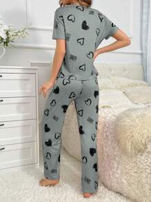 Women Heart Print Crew Neck Short Sleeve T-Shirt And Drawstring Waist Pants Casual Pajama Set
