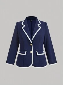 SHEIN MOD Navy Blue Contrast Trim Vintage Style Plus Size Women's Fitted Blazer