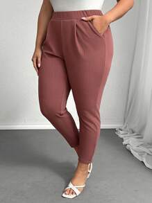 SHEIN Privé Plus Size Quần công sở kẻ sọc trang nhã có túi, vải co giãn - màu nâu - Xem 1