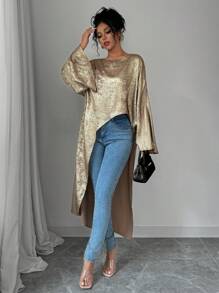 Selianne 3/4 袖不对称斗篷风格宽松闪亮衬衫，休闲春秋季节日派对服装