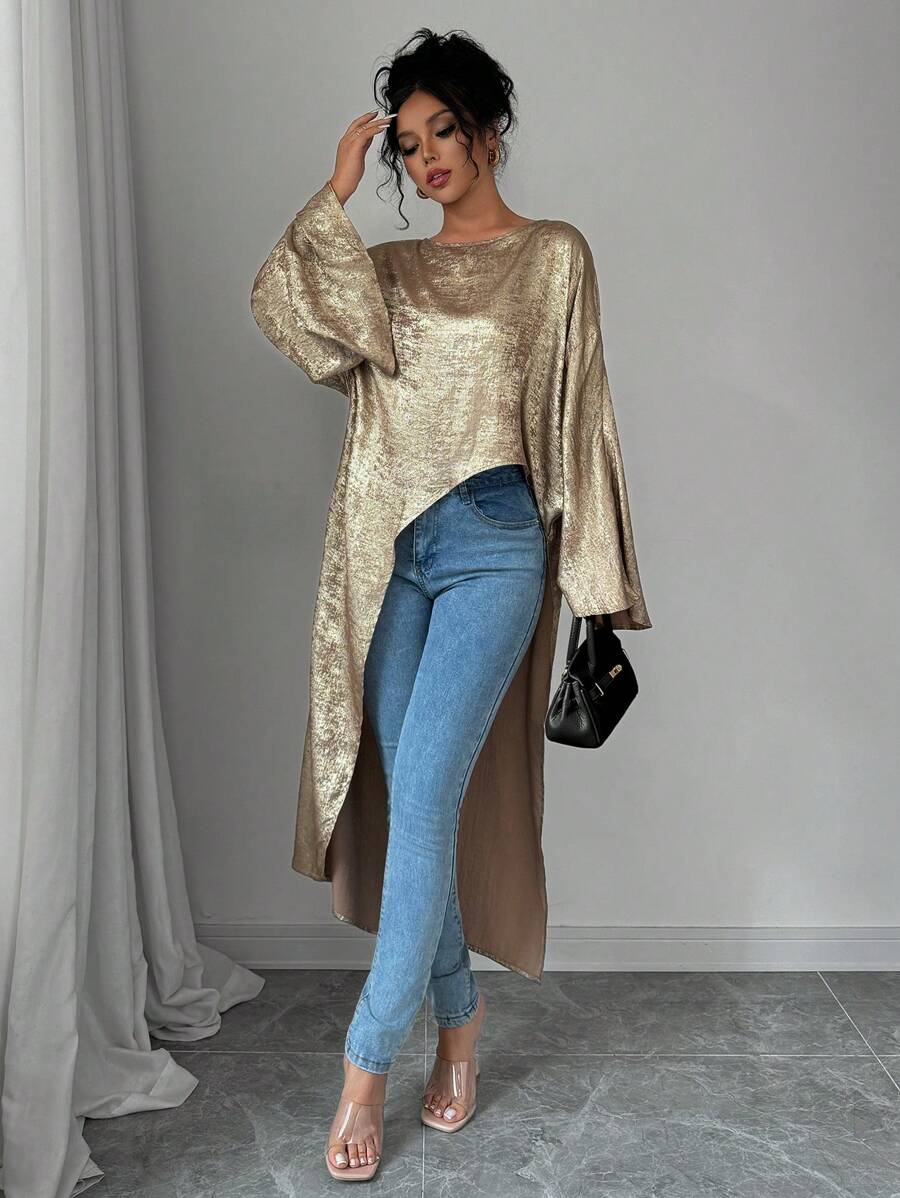 Selianne 3/4 袖不对称斗篷风格宽松闪亮衬衫，休闲春秋季节日派对服装