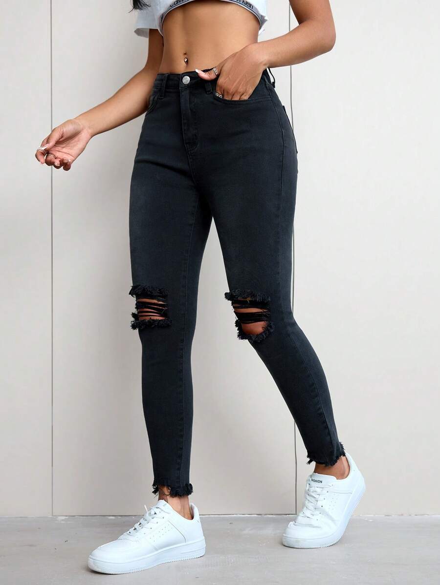 Flexra Simple Solid Front Button Ripped Pockets Casual Denim Pants, Daily Wear - Black - View 1