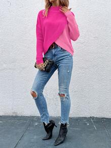 Calvaya 女士立领长袖拼接时尚舒适套头毛衣，长袖上衣 - 彩色 - 查看 4