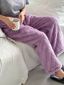 DAZY Rhombus Textured Flannel Thickened Simple Lounge Pants,Thermal Lined Fall,Winter - Purple - View 3